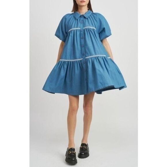 En Saison Tara Tiered Cotton Trapeze Shirtdress In Chambray Blue Size XS - Picture 3 of 12